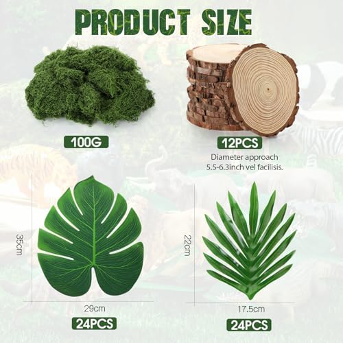 Silipull 89 Pcs Jungle Party Decorations Set Includes 28 Safari Animals 48 Tropical Palm Leaves 12 Wood Slices 1 Artificial Moss Table Centerpieces for Wedding Hawaiian Luau Jungle Safari - Image 5