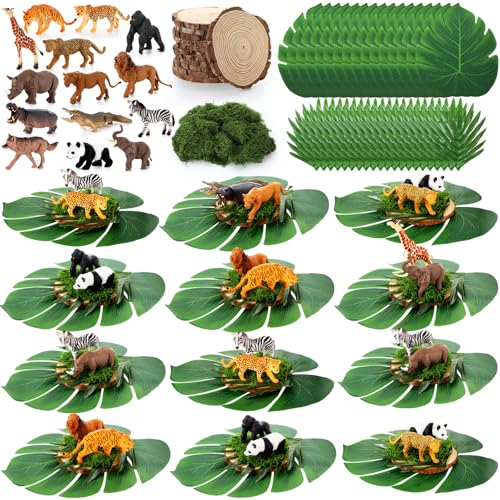 Silipull 89 Pcs Jungle Party Decorations Set Includes 28 Safari Animals 48 Tropical Palm Leaves 12 Wood Slices 1 Artificial Moss Table Centerpieces for Wedding Hawaiian Luau Jungle Safari - Image 1