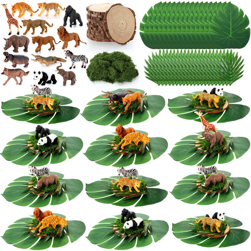 Silipull 89 Pcs Jungle Party Decorations Set Includes 28 Safari Animals 48 Tropical Palm Leaves 12 Wood Slices 1 Artificial Moss Table Centerpieces for Wedding Hawaiian Luau Jungle Safari - Image 3