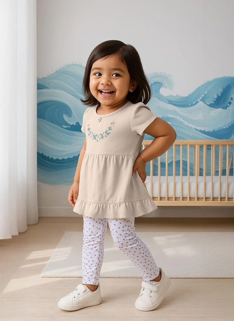 Nautinati Embroidered Cream Top And Floral White Leggings Set For Infant Girls