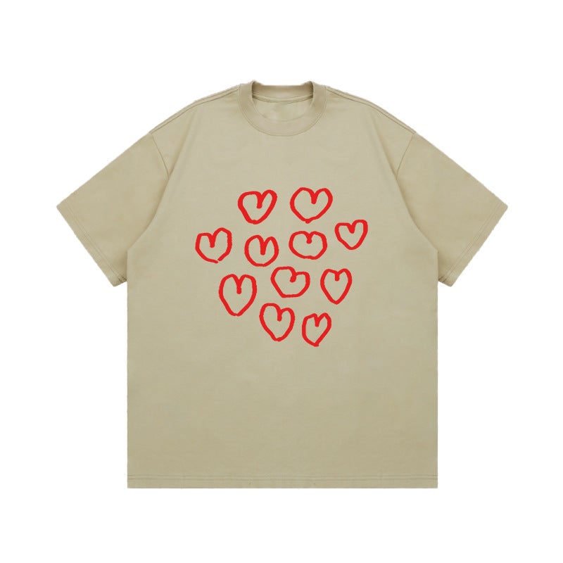 SHX heavy 260g small neckline heart shape graffiti print design T-shirt cotton loose couple short sleeve top - Image 1