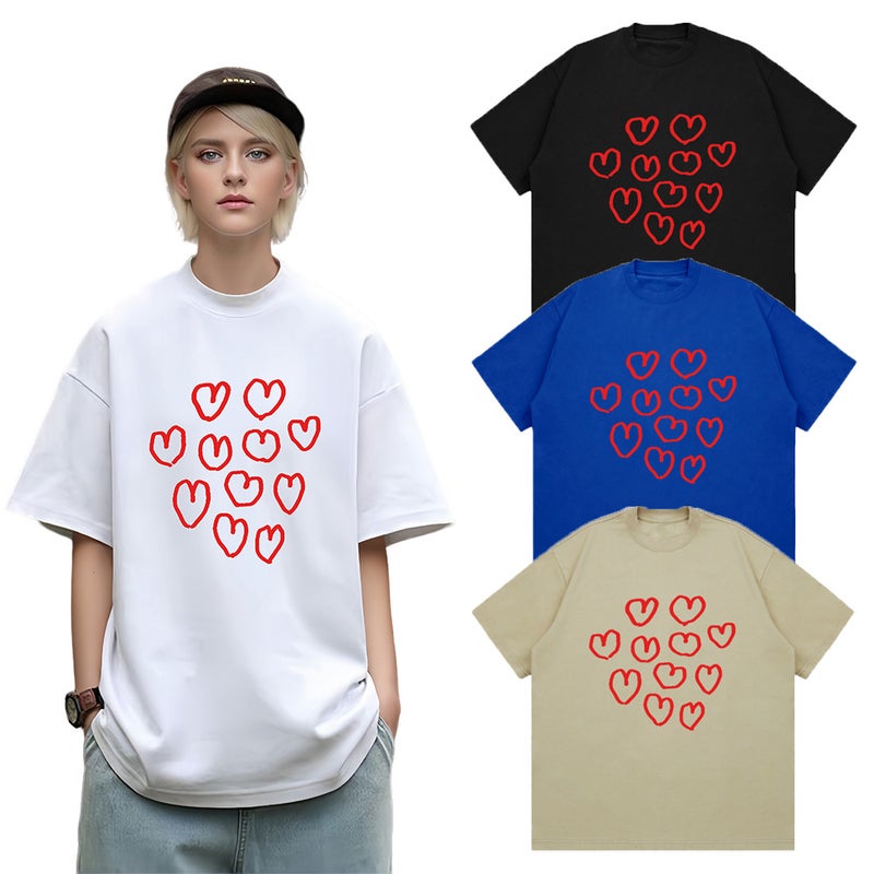 SHX heavy 260g small neckline heart shape graffiti print design T-shirt cotton loose couple short sleeve top - Image 5