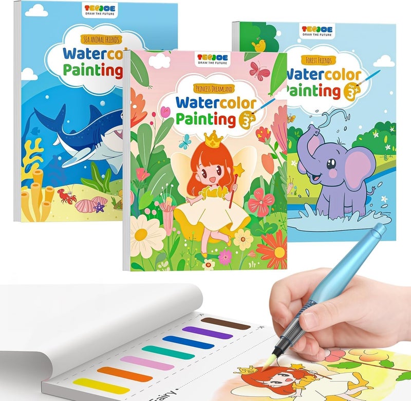 TECJOE 3 Pack Paint with Water Coloring Books for Toddlers Mess Free Watercolor Painting Set with 6 Brushes Travel Art Craft Activities Toys Birthday Gifts for Kids Ages 38 Forest Sea Princess - Image 2