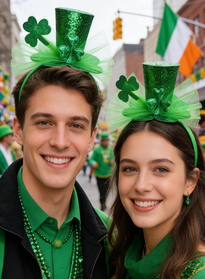 Asikkon St. Patrick's Day Mini Top Hat Headband, Green Glitter Shamrock Headband with Tulle for Irish Festival Party Parade Accessories - Image 2