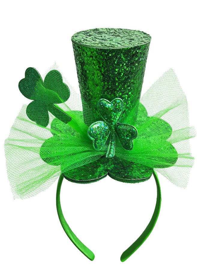 Asikkon St. Patrick's Day Mini Top Hat Headband, Green Glitter Shamrock Headband with Tulle for Irish Festival Party Parade Accessories - Image 1
