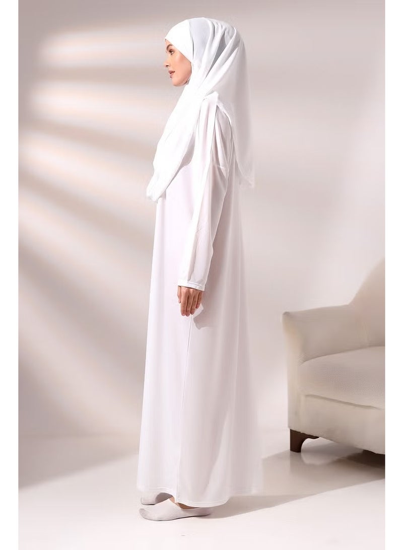 Ihvan White Women's Practical Headscarf One-Piece Prayer Dress with Bag - Image 4