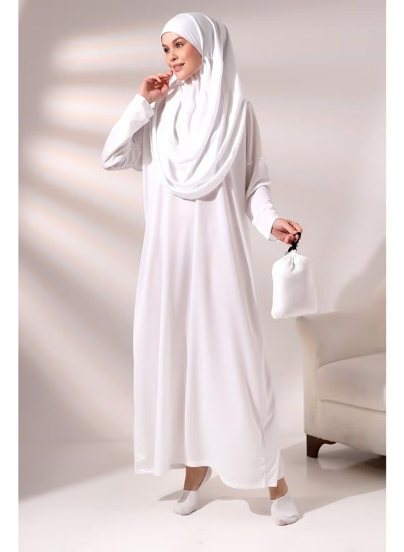 Ihvan White Women's Practical Headscarf One-Piece Prayer Dress with Bag - Image 1