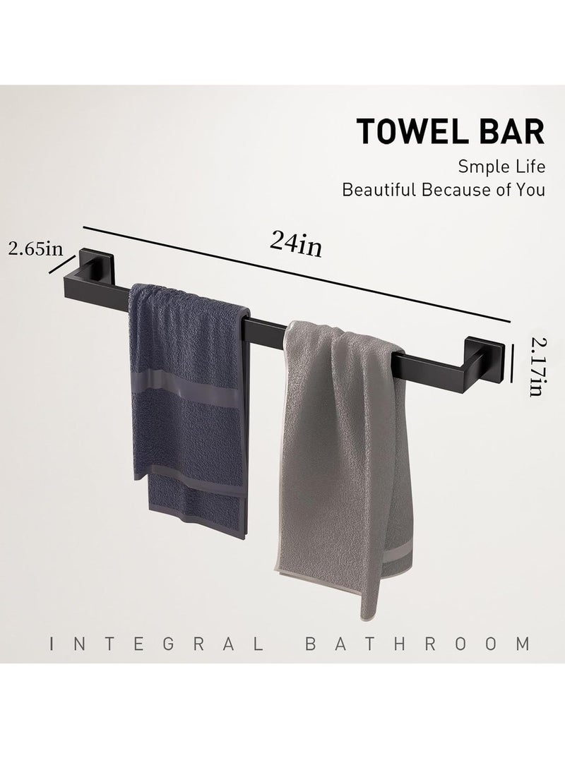 Bathroom Accessory Towel Bar Set: 5 Pieces Matte Black Square Bathroom Hardware SUS304 Stainless Steel - 24 Inch Wall Mounted Towel Rack&Toilet Paper Holder&Towel Ring and Towel Hook - Image 2