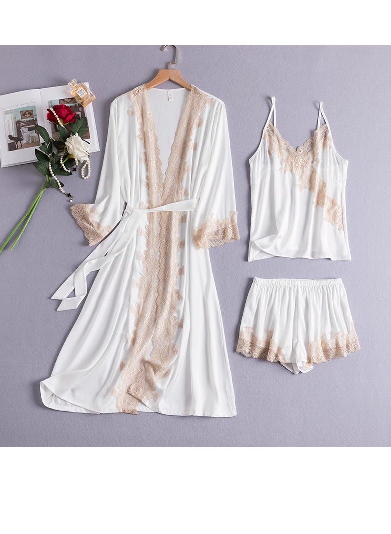 Lce Silk Sleepwear Three Piece Set With Lace Edge Suspender, Sleepwear For Home Use - Image 1