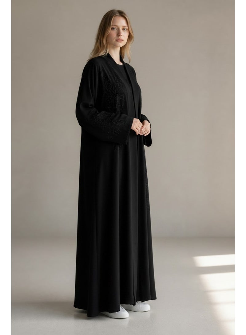 AMA_Apparel Women's Black Floral Lace Open Front Abaya - Dana | Modest Long Sleeve Evening Maxi - Image 2