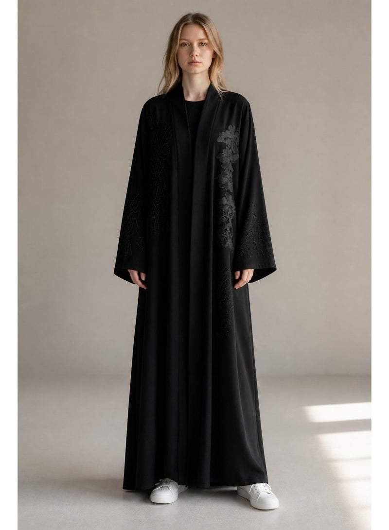 AMA_Apparel Women's Black Floral Lace Open Front Abaya - Dana | Modest Long Sleeve Evening Maxi - Image 1