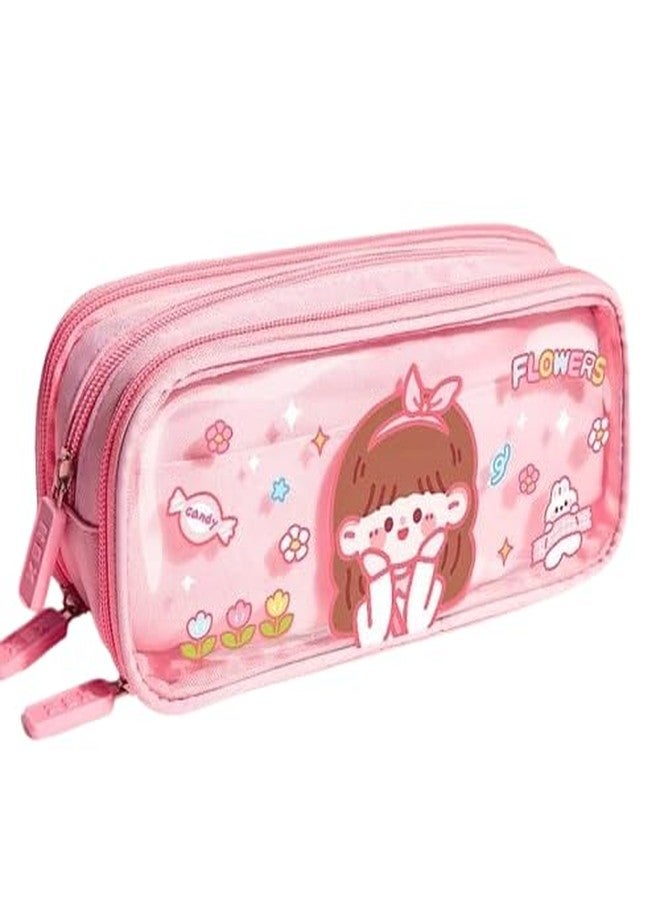 STOFFIER GARTEN Baby Bunnies Pencil Case, 3 Compartments, Large Capacity, Multifunctional Pouch for Girls, Cute Flower Design