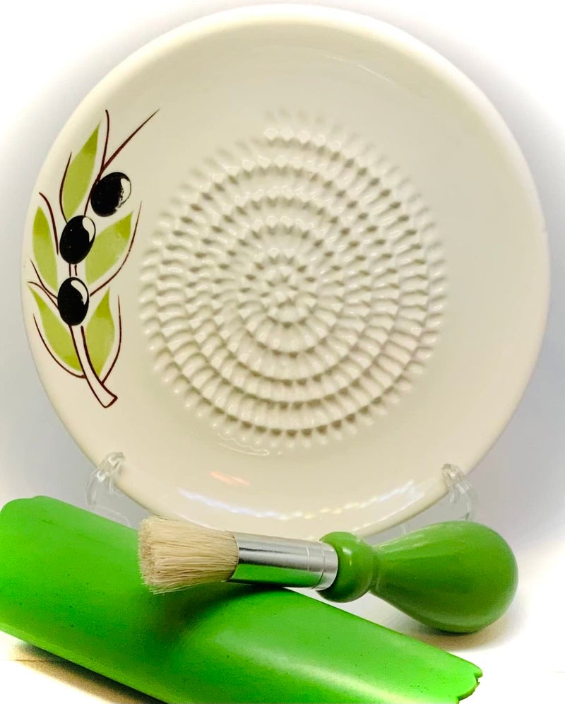 BonCera Allinone Premium Ceramic Garlic Grater Plate 4Piece Set White Olive Design Classic Style For Garlic Ginger Chocolate and more Comes with 525 Plate Peeler Brush and Stand