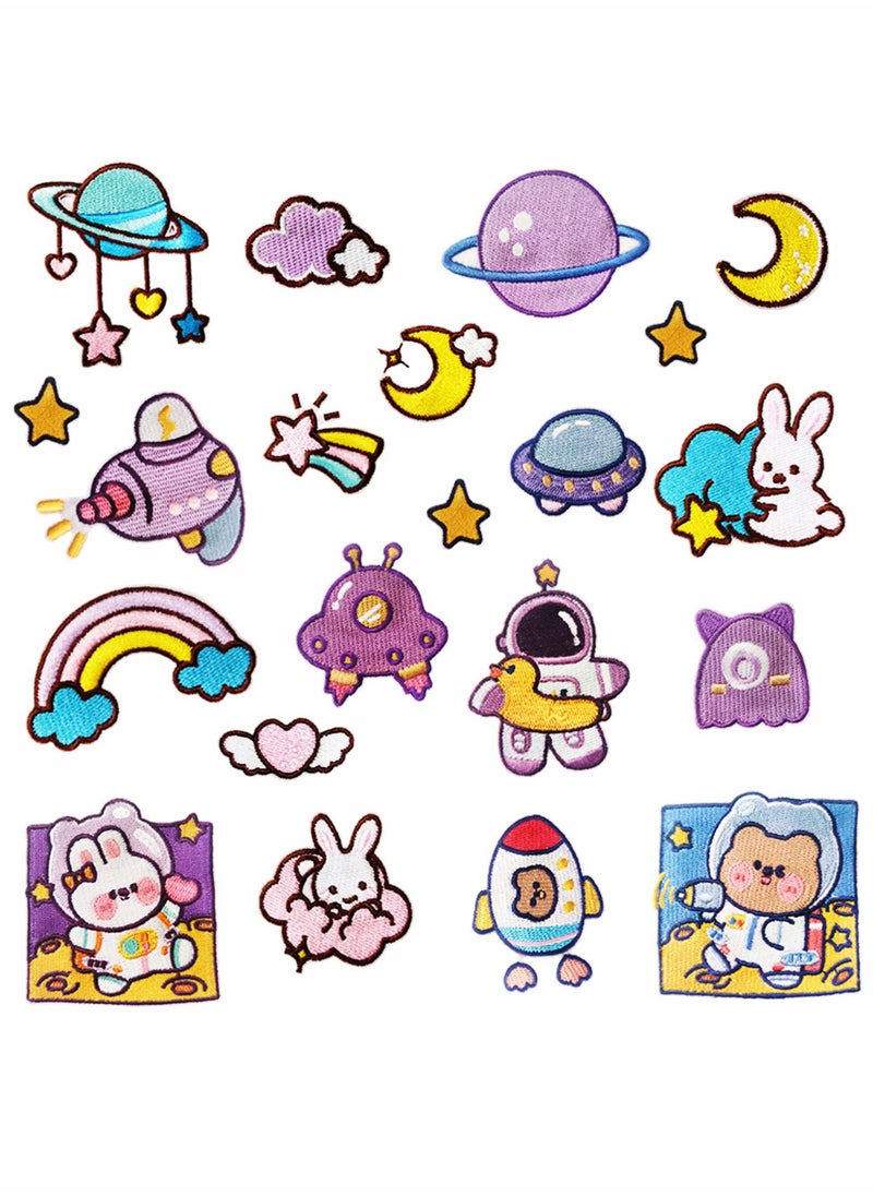 Purple Space Astronaut Iron On Patches Applique Stickers Starry Sky Space Rabbit Space Bear Embroidered for Clothes Jacket T-Shirt DIY Accessories Shoes  21 PCS  - Image 1