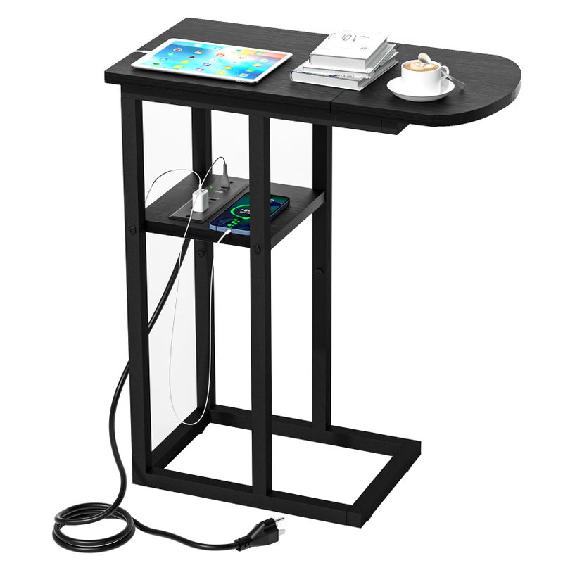 eiskah C Table End Table with Charging Station Couch C Shaped Side Table for Living Room Bedroom Laptop Table with USB Ports and TypeC Port Snack Tray Table for Couch