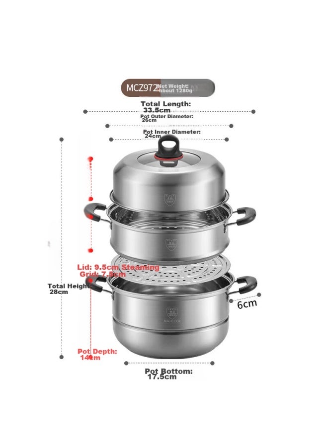 MAX COOK Maxcook Stainless Steel Steamer Pot, 26cm Two-layer Steamer And Soup Pot, High Dome Lid With Temperature Sensing, Compatible With Gas And Induction Stoves, Mcz972 - Image 3