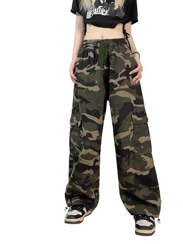 SESERAGI Cargo Pants Women Baggy Streetwear Y2K Drawstring Trousers Wide Leg Pants Camo Green XL - Image 4