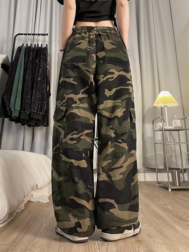 SESERAGI Cargo Pants Women Baggy Streetwear Y2K Drawstring Trousers Wide Leg Pants Camo Green XL - Image 2