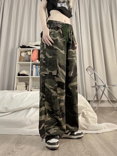 SESERAGI Cargo Pants Women Baggy Streetwear Y2K Drawstring Trousers Wide Leg Pants Camo Green XL - Image 3