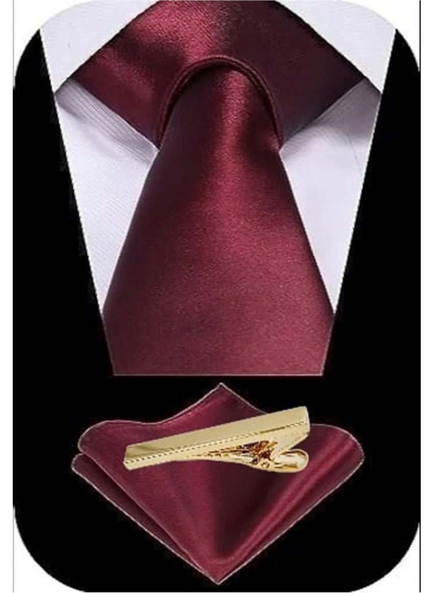 Tezzgelsin Men's Satin Tie Handkerchief and Gold Steel Tie Clip Set  - Image 1