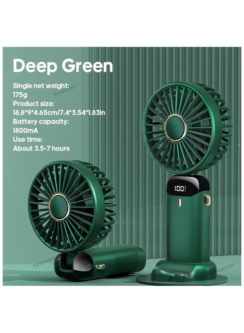 يان تي مروحة يدوية صغيرة قابلة للطي وشحن عبر USB - مروحة معلقة بالرقبة بـ5 سرعات مع حامل هاتف وشاشة عرض - أخضر غامق - Image 1