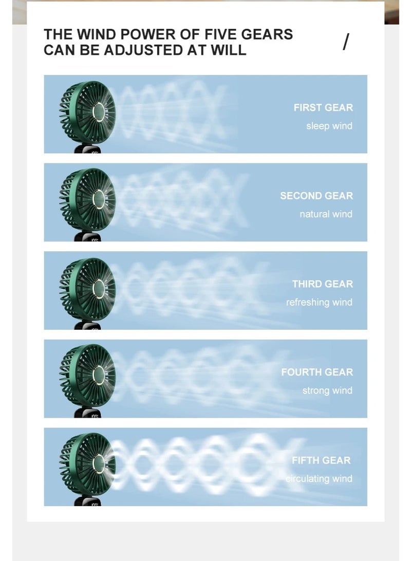 يان تي مروحة يدوية صغيرة قابلة للطي وشحن عبر USB - مروحة معلقة بالرقبة بـ5 سرعات مع حامل هاتف وشاشة عرض - أخضر غامق - Image 4