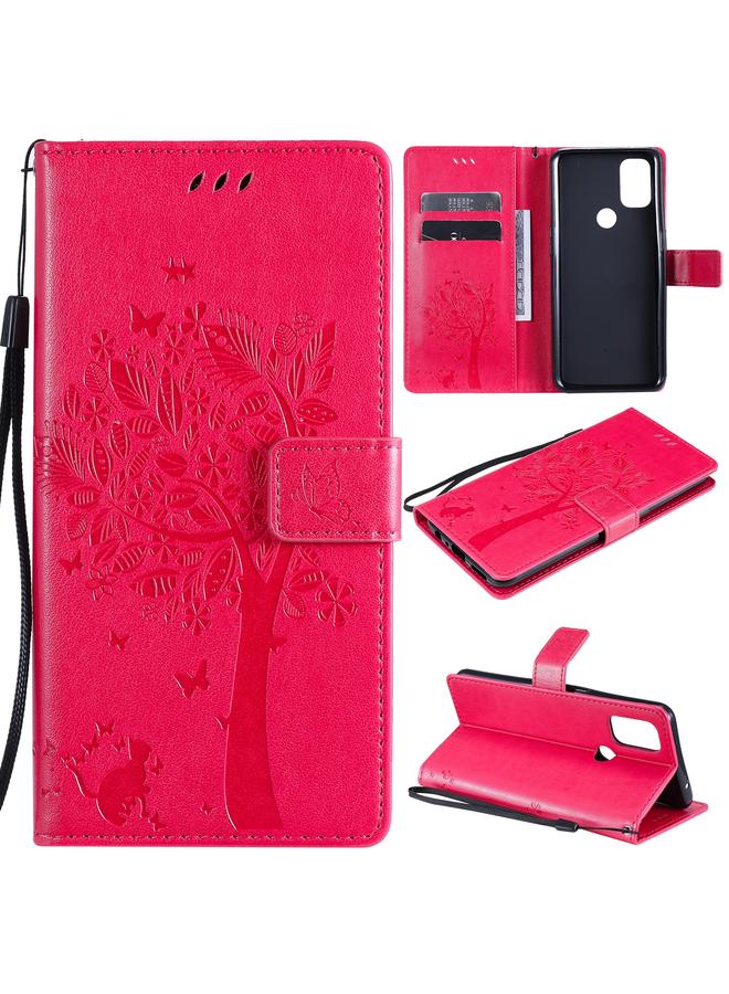 S-TOP Case For OnePlus Nord N10 5G Tree & Cat Pattern Pressed Printing Horizontal Flip PU Leather Case with Holder & Card Slots & Wallet & Lanyard - Image 1
