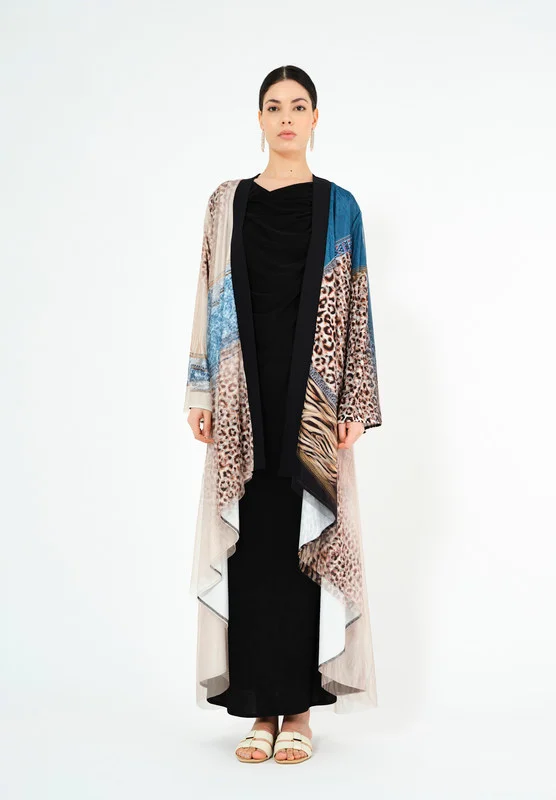 Thouq Beautiful Printed chiffon Jalabiya With Cowl Neckline With Long Sleeves