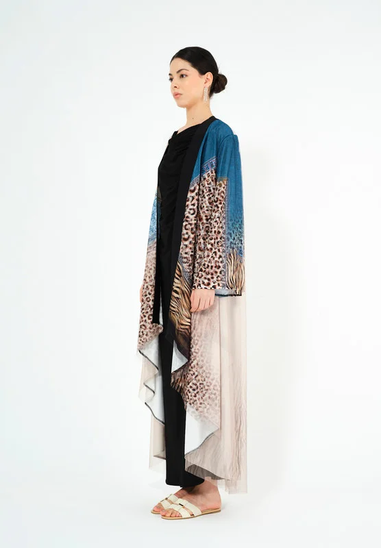 Thouq Beautiful Printed chiffon Jalabiya With Cowl Neckline With Long Sleeves