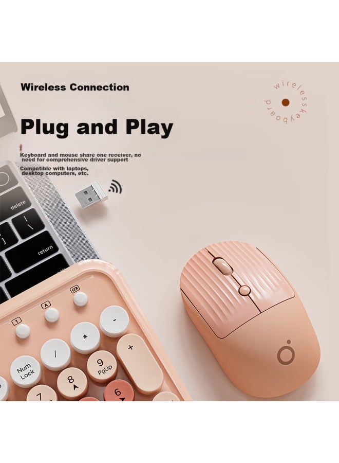 Eweadn V96 Stylish Retro Wireless Keyboard And Mouse Set, Genuine Mechanical Feel, Wireless Office Keyboard And Mouse Set, Laptop Membrane Keyboard, Spring Jiang Pink Wireless Keyboard - Image 2