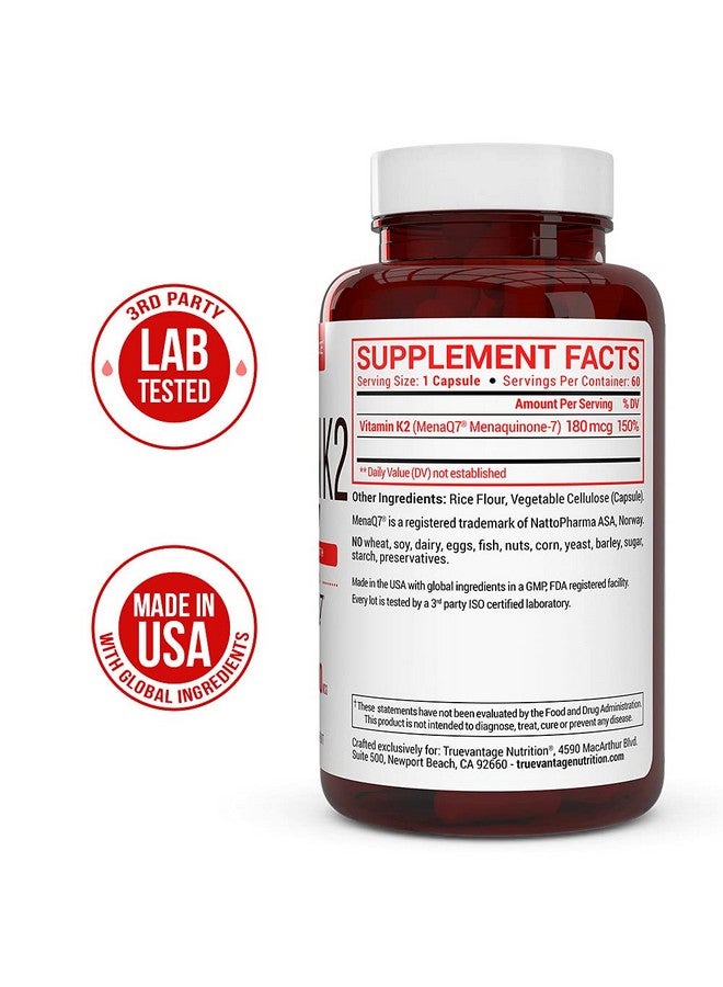Truevantage Nutrition Vitamin k2 MK-7 Supplement 180mcg -Vitamin K2 Supports Bone & Heart Health for Cardiovascular Calcium Absorption from Arteries- 60 Easy to Swallow Vegetable caps of MenaQ7 K2 MK7 - Image 3