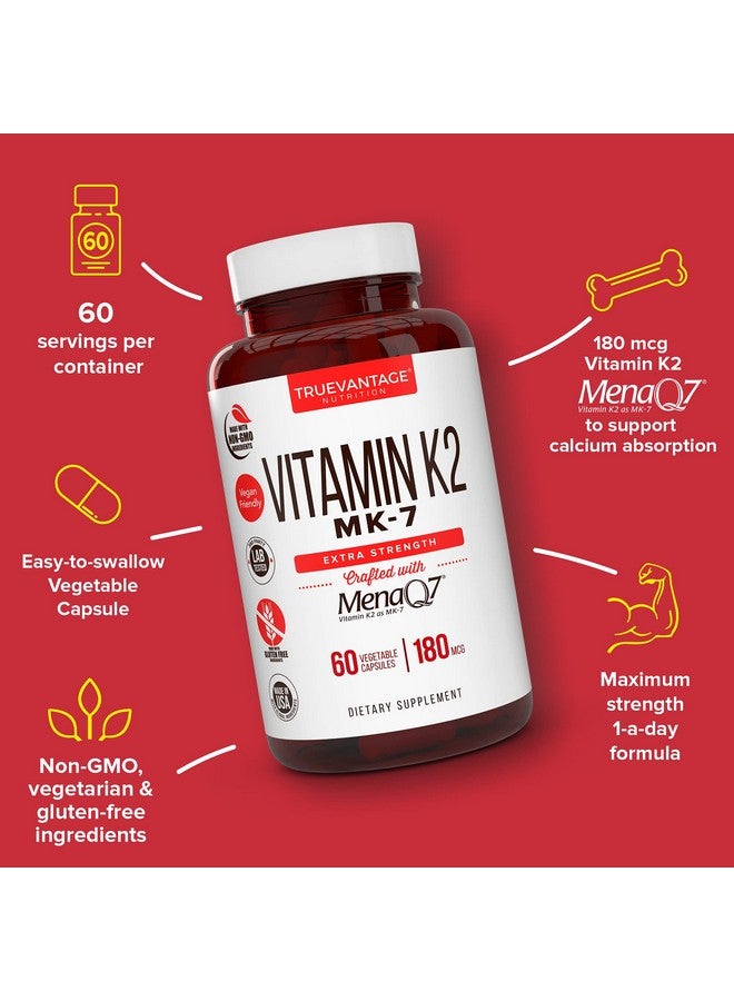 Truevantage Nutrition Vitamin k2 MK-7 Supplement 180mcg -Vitamin K2 Supports Bone & Heart Health for Cardiovascular Calcium Absorption from Arteries- 60 Easy to Swallow Vegetable caps of MenaQ7 K2 MK7 - Image 2