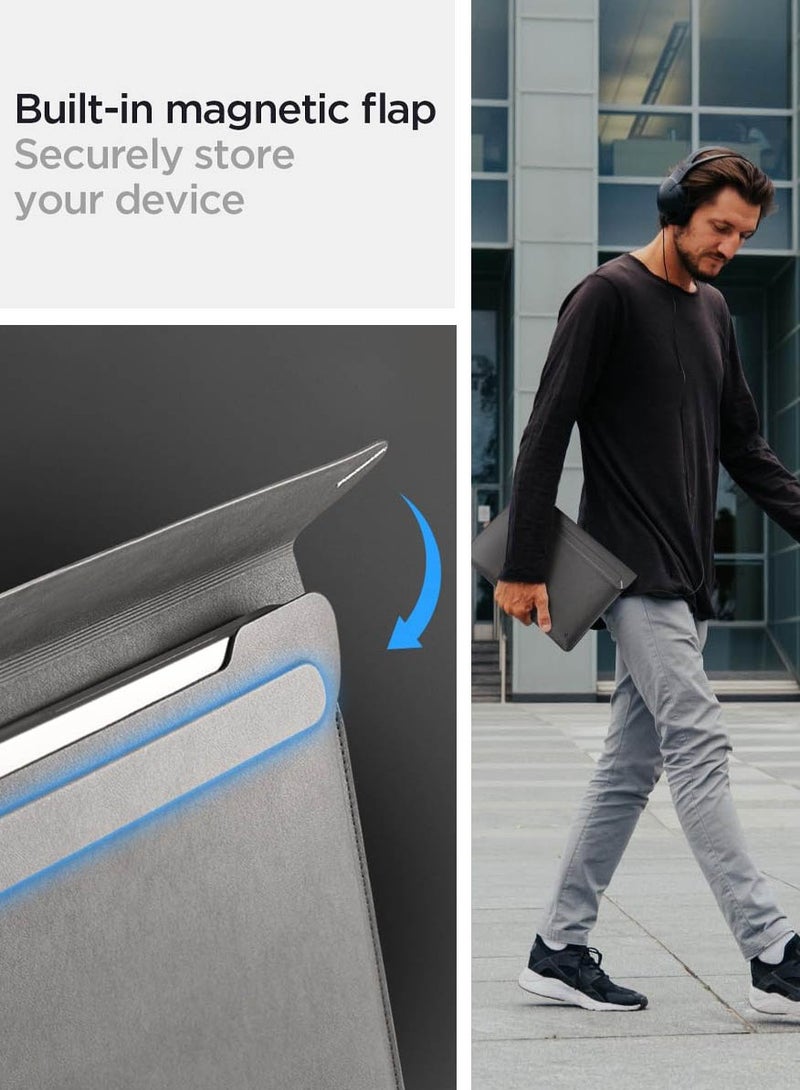 Spigen Laptop Sleeve Valentinus 14 inch, for MacBook Pro, Built in Magnetic Flap, Leather Laptop Case Cover, Laptop Pouch Bag - City Gray - Image 2
