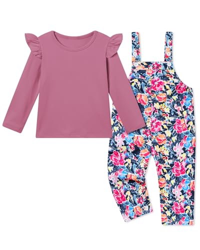 YUEMION Toddler Girl Clothes 2Pcs Baby Girl Outfit Fall Winter Clothing Floral Long Sleeve Top+ Overall Pants Set (Purple, 3-4T) - Image 1