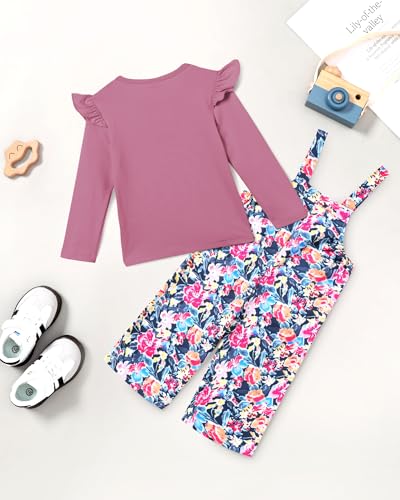 YUEMION Toddler Girl Clothes 2Pcs Baby Girl Outfit Fall Winter Clothing Floral Long Sleeve Top+ Overall Pants Set (Purple, 3-4T) - Image 4