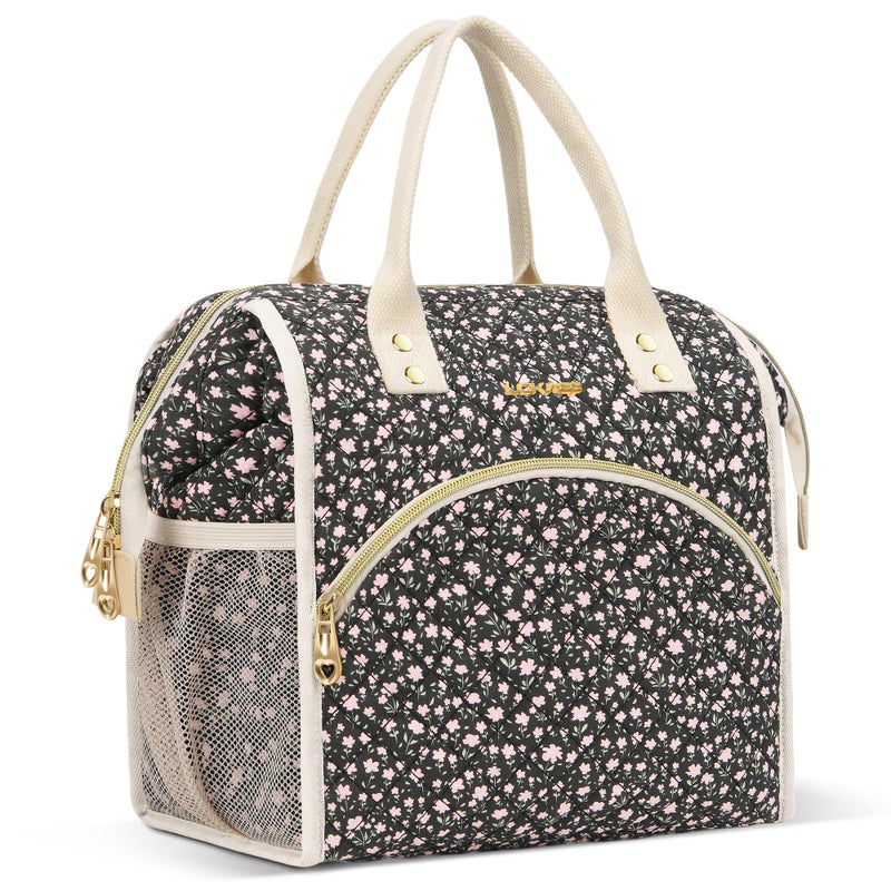 LOKASS Insulated Lunch Bag Women Reusable 10 L Lunch Box for Women Leakproof Tote Cooler Bag for Adults Work Beach Travel Picnic Black Small Florals - Image 2