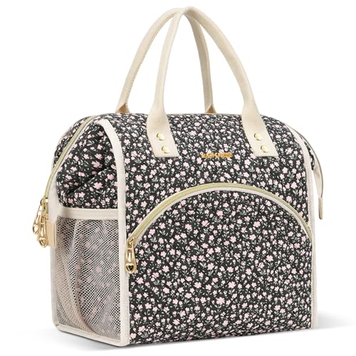 LOKASS Insulated Lunch Bag Women Reusable 10 L Lunch Box for Women Leakproof Tote Cooler Bag for Adults Work Beach Travel Picnic Black Small Florals - Image 1
