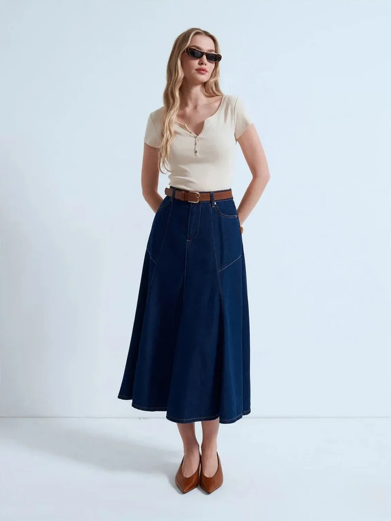 ديلفين Dilvin High-Waist Midi A-Line Denim Skirt