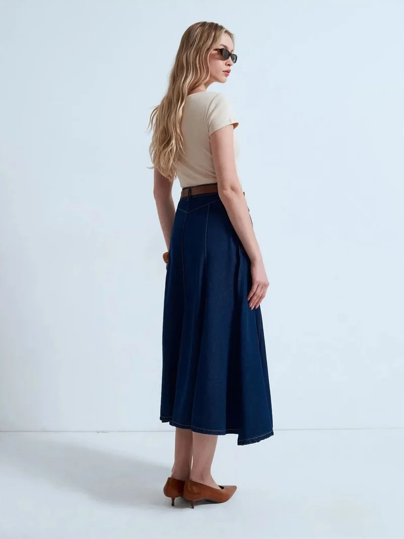 ديلفين Dilvin High-Waist Midi A-Line Denim Skirt