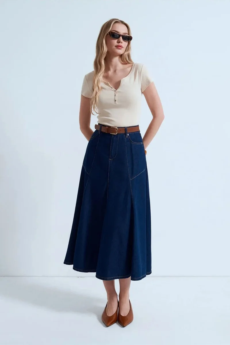 DILVIN High-Waist Midi A-Line Denim Skirt