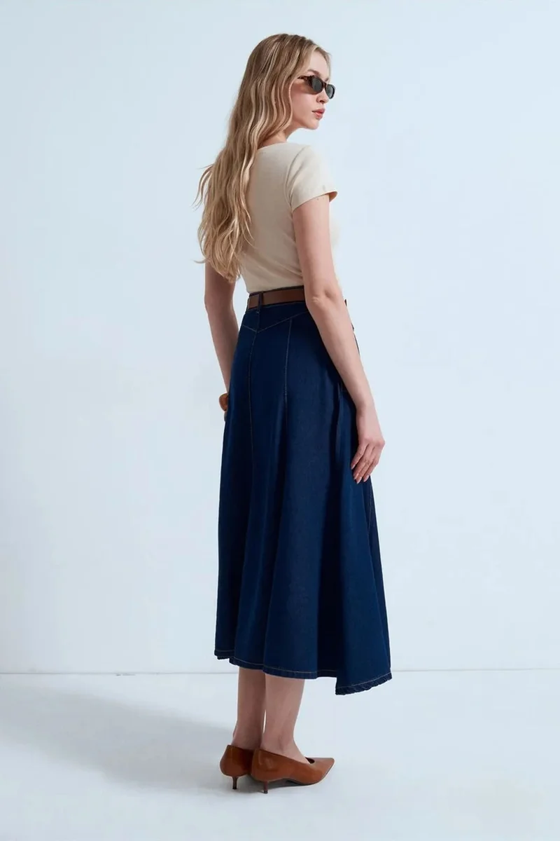 ديلفين DILVIN High-Waist Midi A-Line Denim Skirt
