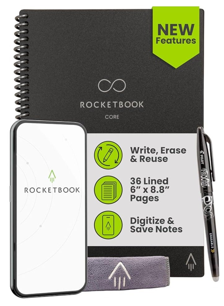 Rocketbook New Core Reusable Spiral Notebook, Executive Size 6x8.8, Black - Lined Pages, App-Connected, Erasable, Durable Cover, Ideal for School, Work, and Creative Projects - Image 1