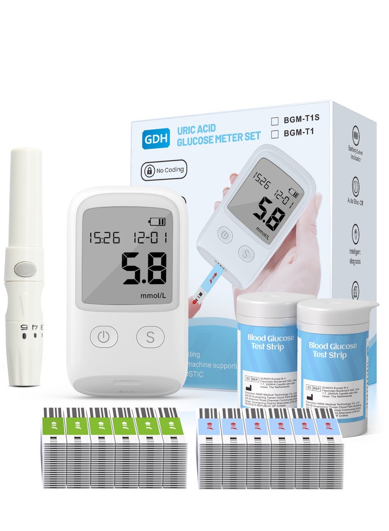 حمض اليوريك والدم الجلوكوز 2-في-1 متر مجموعة / الوحدة الرئيسية + 25 شريط اختبار حمض اليوريك + 25 شريط اختبار الجلوكوز + 50 إبر لانسيت الدم - Image 1