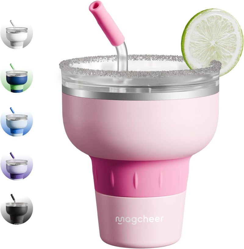 magcheer 473ml Insulated Wine Tumbler | Stainless Steel Margarita Glass with 320° Sippable Lid and Detachable Tritan Straw | Great Gift | Wine Glasses for Party Vacation Pool | Pink - Image 1