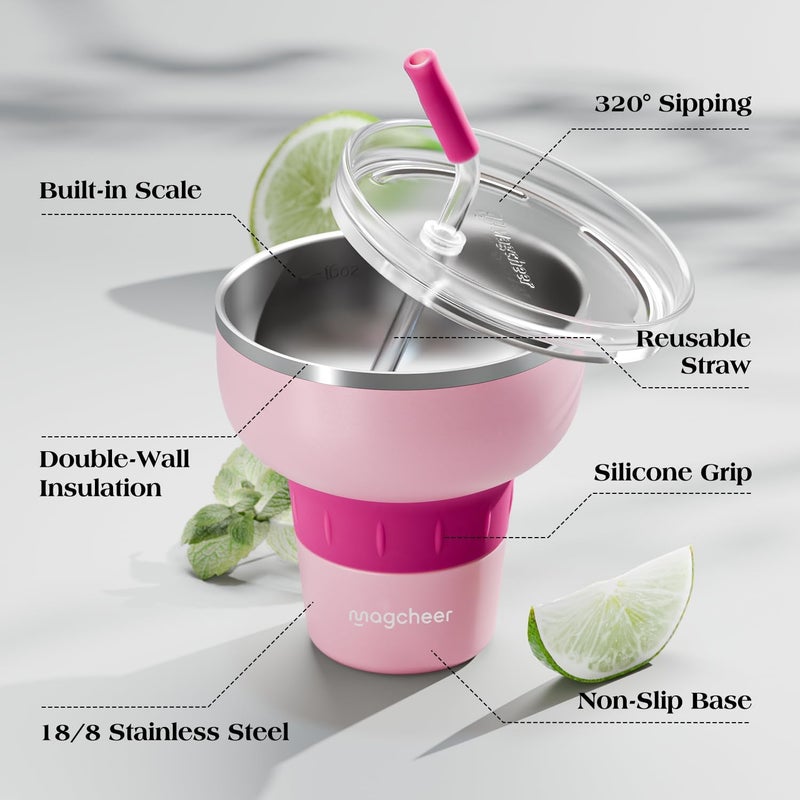 magcheer 473ml Insulated Wine Tumbler | Stainless Steel Margarita Glass with 320° Sippable Lid and Detachable Tritan Straw | Great Gift | Wine Glasses for Party Vacation Pool | Pink - Image 4