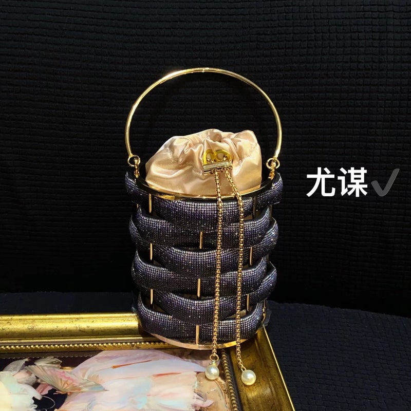 Fashion Metal Handmade Woven Shiny Water Diamond Rope Vegetable Basket Birdcage Banquet Bucket Hand Crossbody Small Bag - Image 1