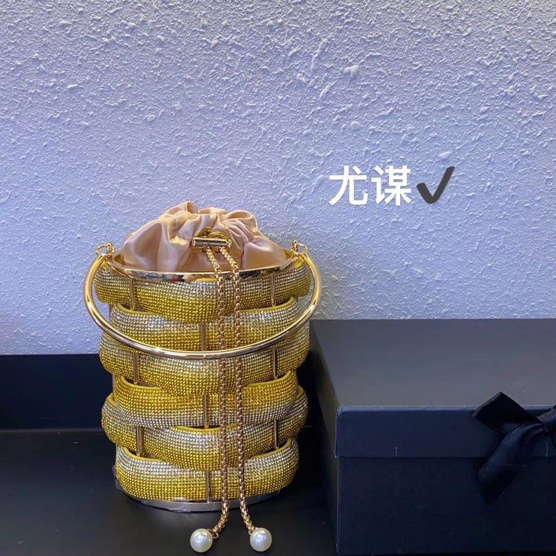 Fashion Metal Handmade Woven Shiny Water Diamond Rope Vegetable Basket Birdcage Banquet Bucket Hand Crossbody Small Bag - Image 3