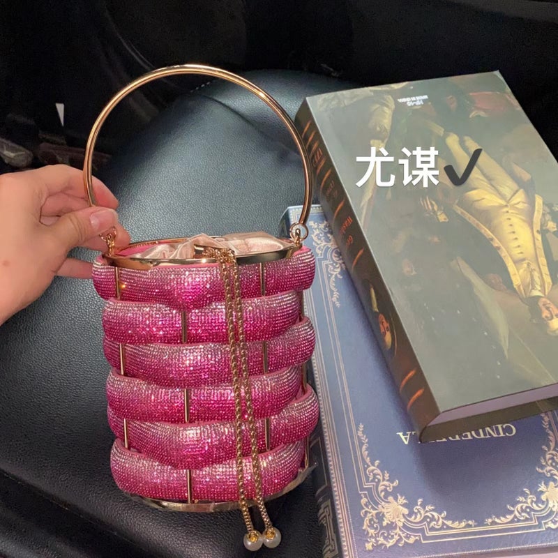 Fashion Metal Handmade Woven Shiny Water Diamond Rope Vegetable Basket Birdcage Banquet Bucket Hand Crossbody Small Bag - Image 2