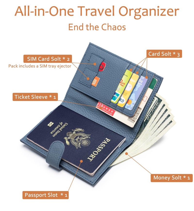 LnxLtw Leather RFID Blocking Passport Holder for Travel Women â€“ Multiple Slim Passport Wallet for Women with Card Slots, Zippered Coin Pocket & Travel Passport Cover Case Gift Readyâ€“ Denim Blue - Image 2
