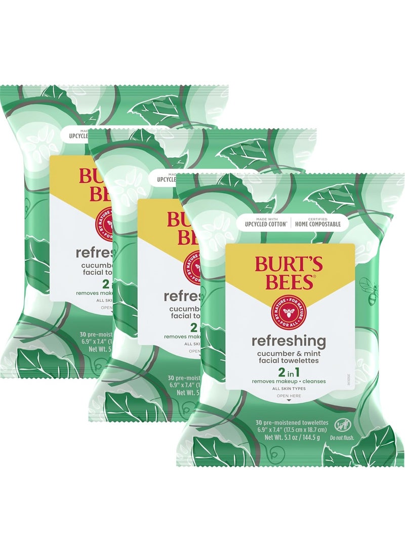 Burt's Bees Cucumber & Mint Face Wipes, for All Skin Types, Refreshing Makeup Remover & Facial Cleansing Towelettes, 30 Ct. (3-Pack)